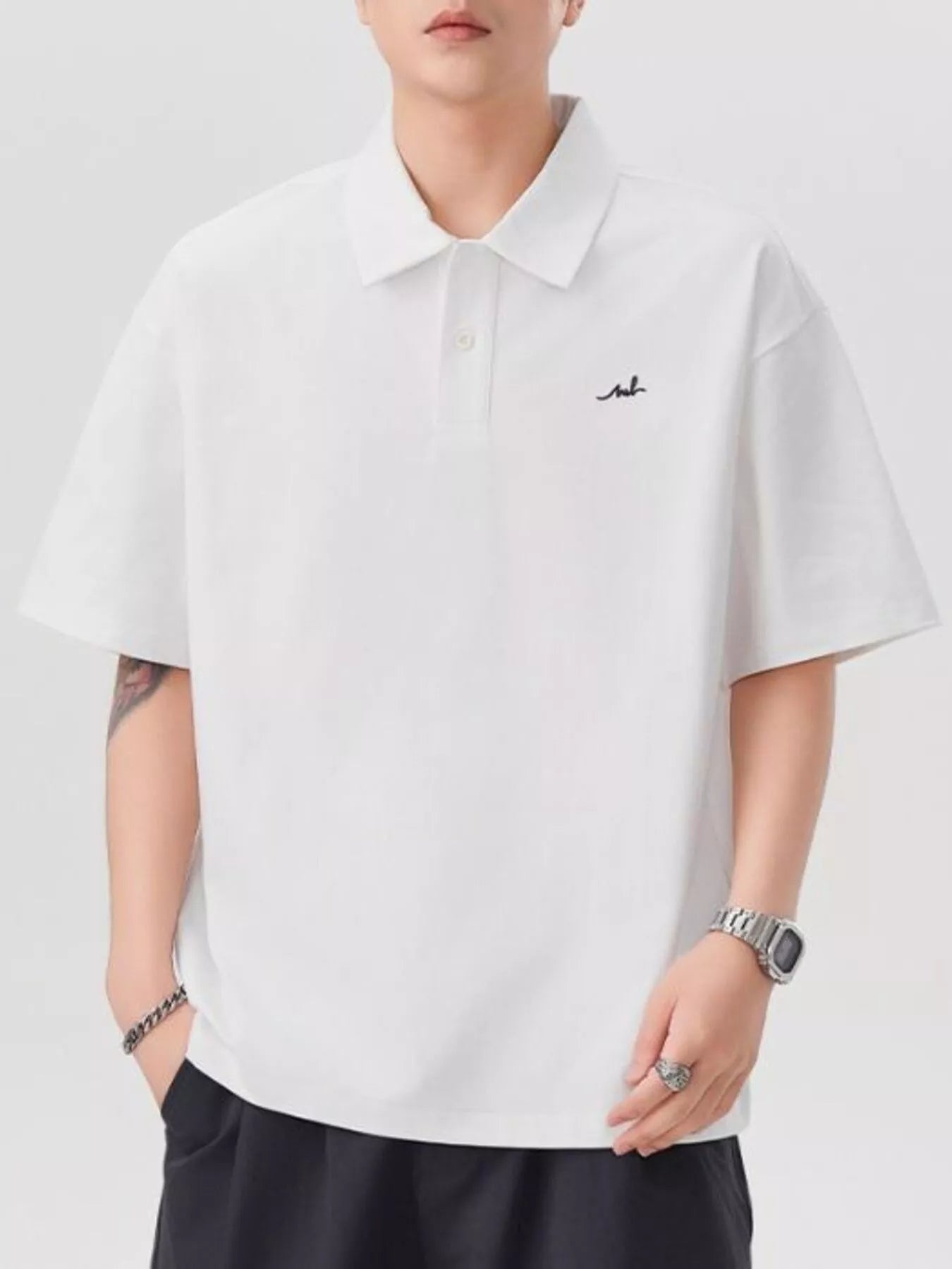 Plus Size Button Detail Short Sleeve Polo in Military Green for Men
