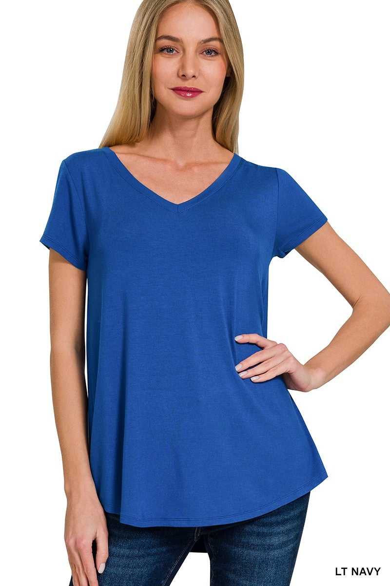 Rayon Short Sleeve V-Neck Round Hem Top in Light Navy for Women