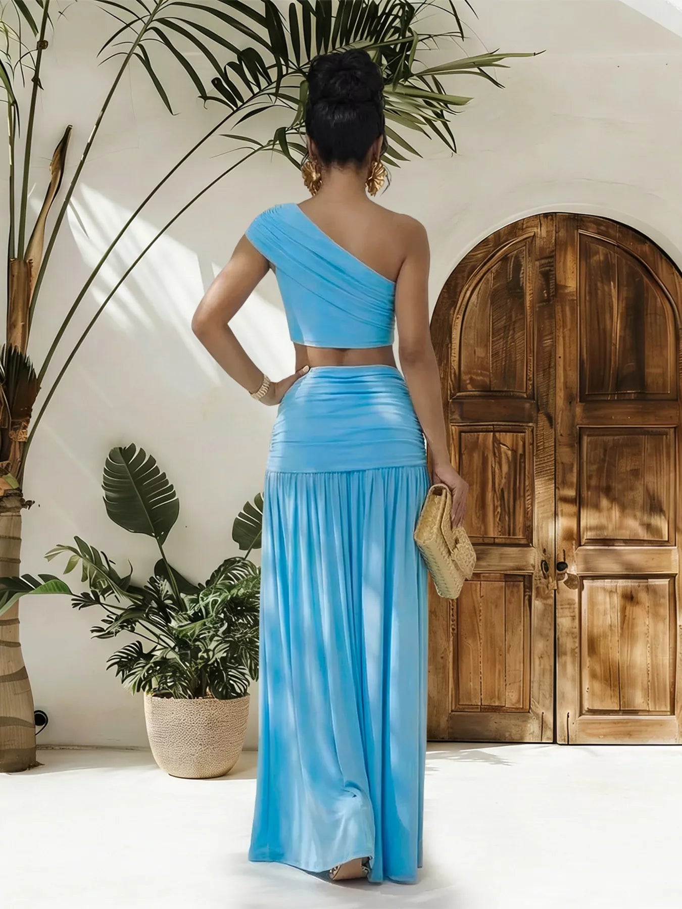 One-Shoulder Top and Ruched Maxi Skirt Set in Black for Women