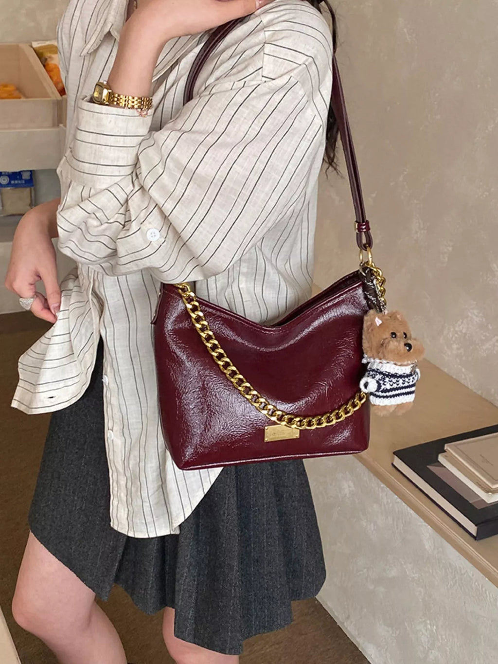 Chain Decor Shoulder Bag with Bear Charm for Women