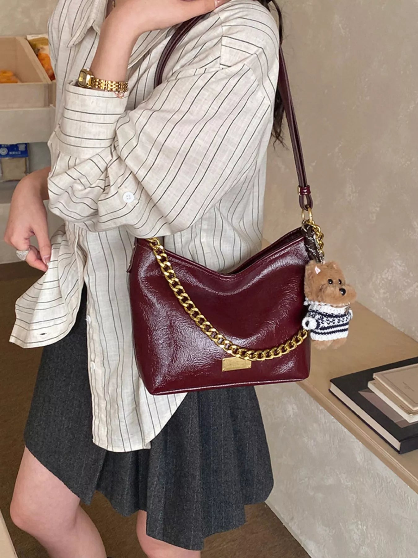 Chain Decor Shoulder Bag with Bear Charm for Women