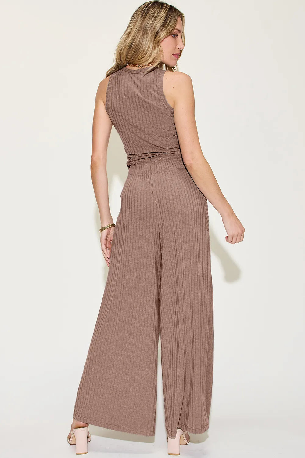 Plus Size Ribbed Tank and Wide Leg Pants Set in Dusty Blue for Women