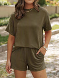 Ribbed Short Sleeve Top and Shorts Two-Piece Set Plus Size in Dusty Pink for Women