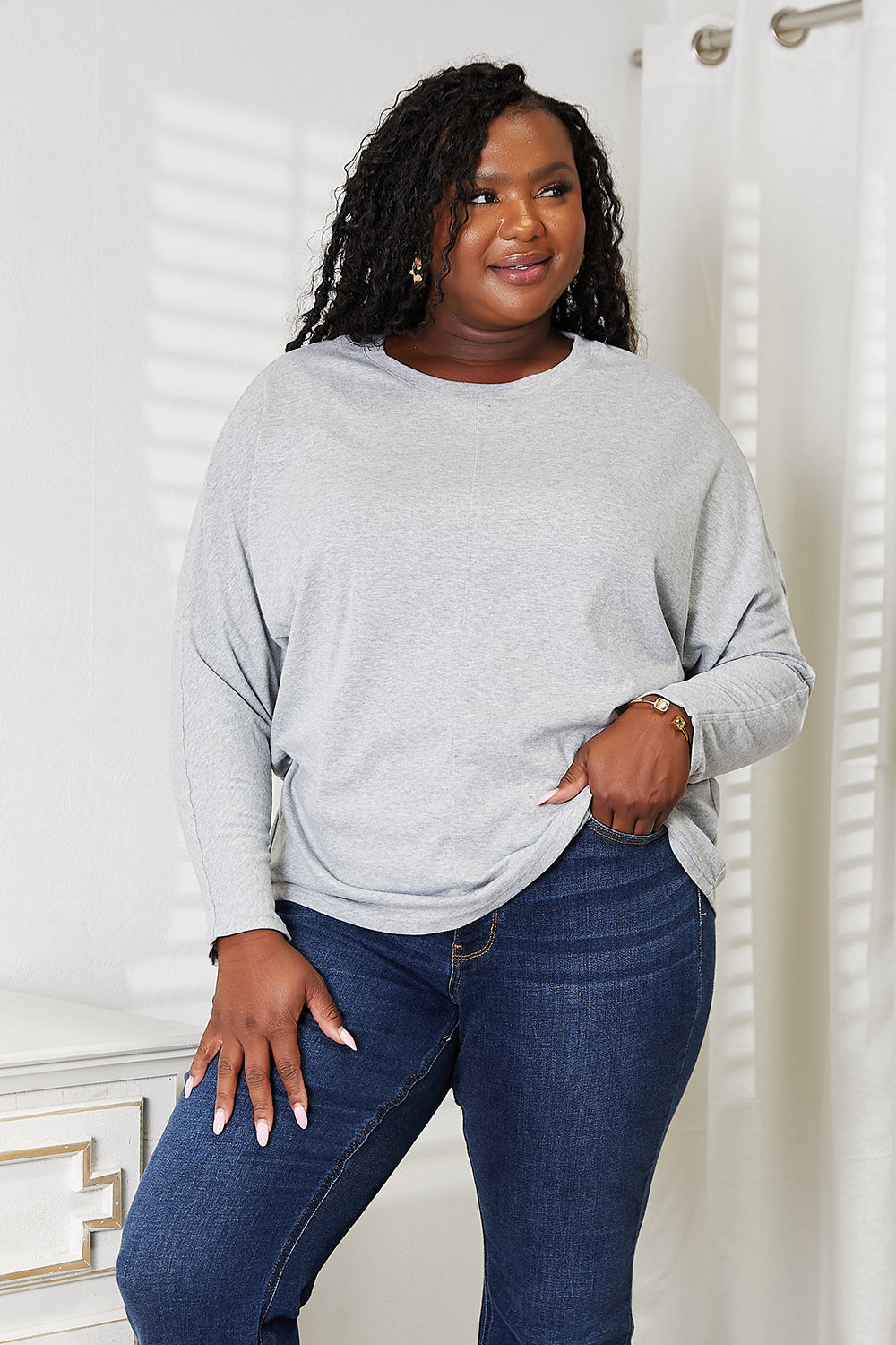 Seam Detail Round Neck Long Sleeve Top for Women