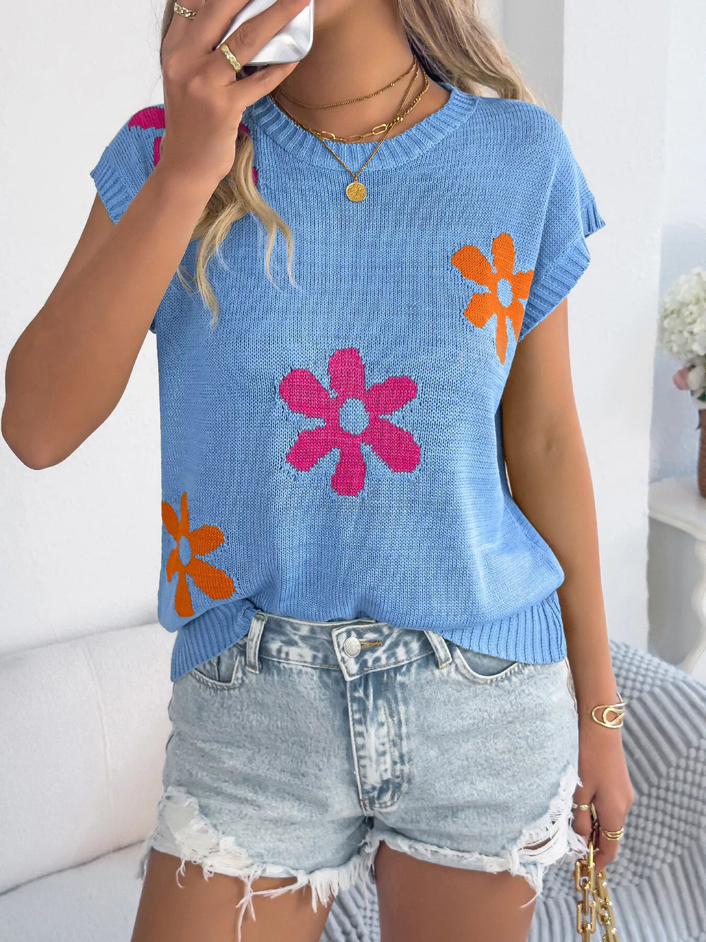 Flower Round Neck Sweater in Blue for Women