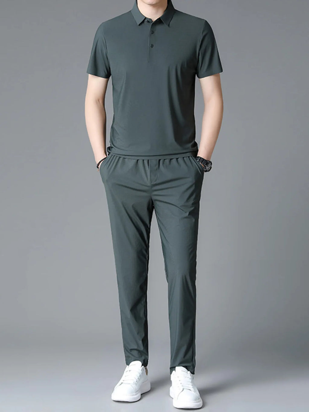 Button Detail Short Sleeve Polo Plus Size in Grey for Men