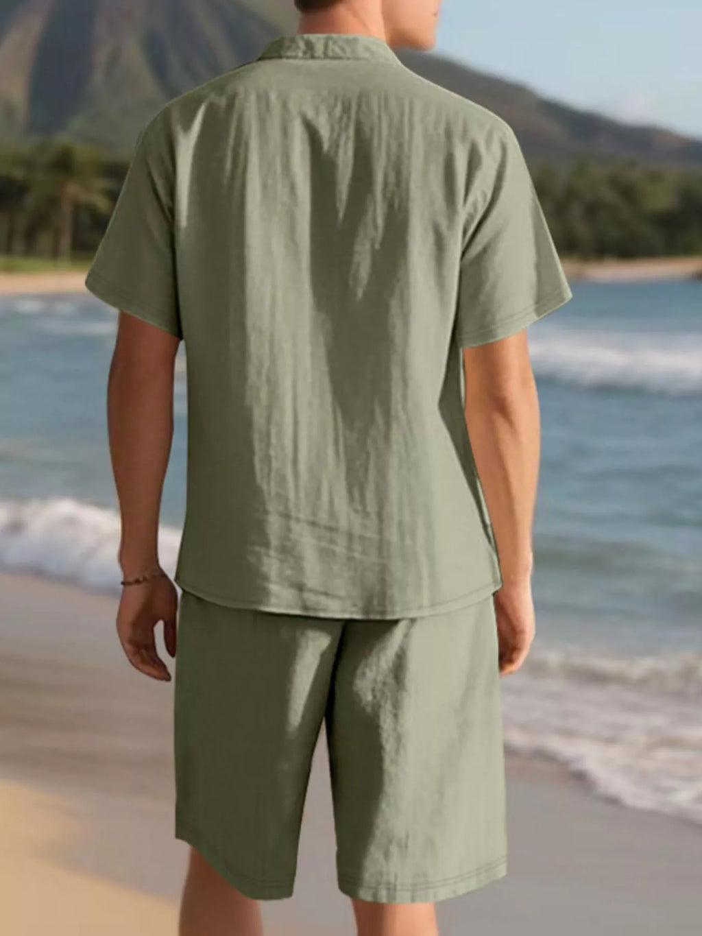 Casual Button Up Shirt and Shorts Set Plus Size in Army Green for Men