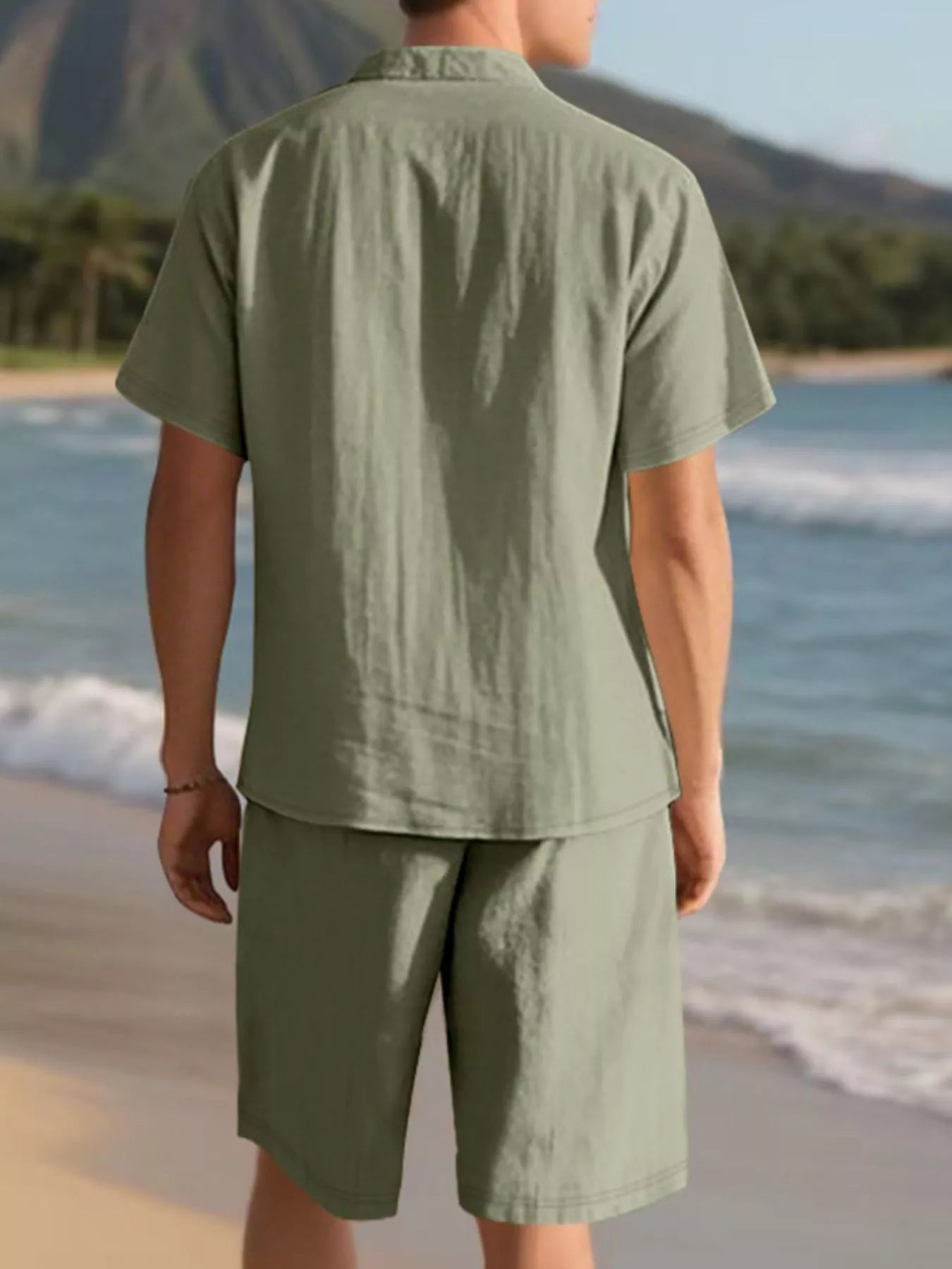 Casual Button Up Shirt and Shorts Set Plus Size in Army Green for Men