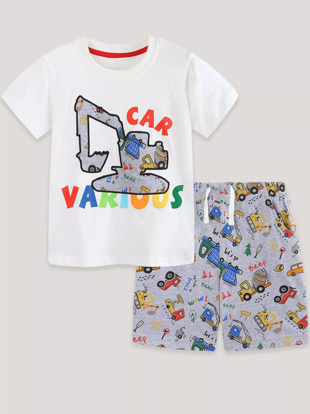 Cartoon Car Print Short Sleeve Tee and Shorts Set in White for Boys