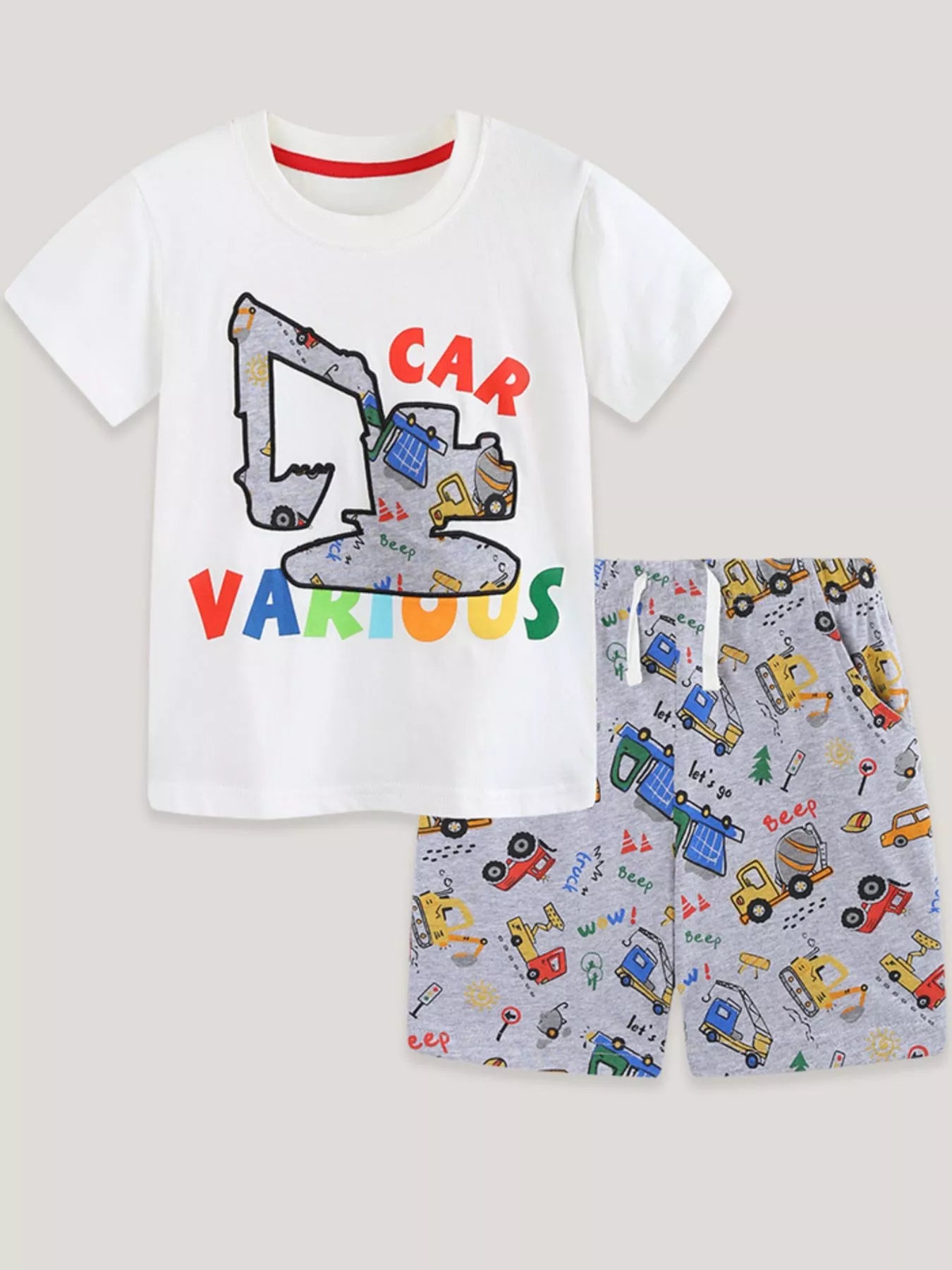 Cartoon Car Print Short Sleeve Tee and Shorts Set in White for Boys