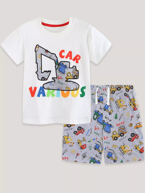 Cartoon Car Print Short Sleeve Tee and Shorts Set in White for Boys
