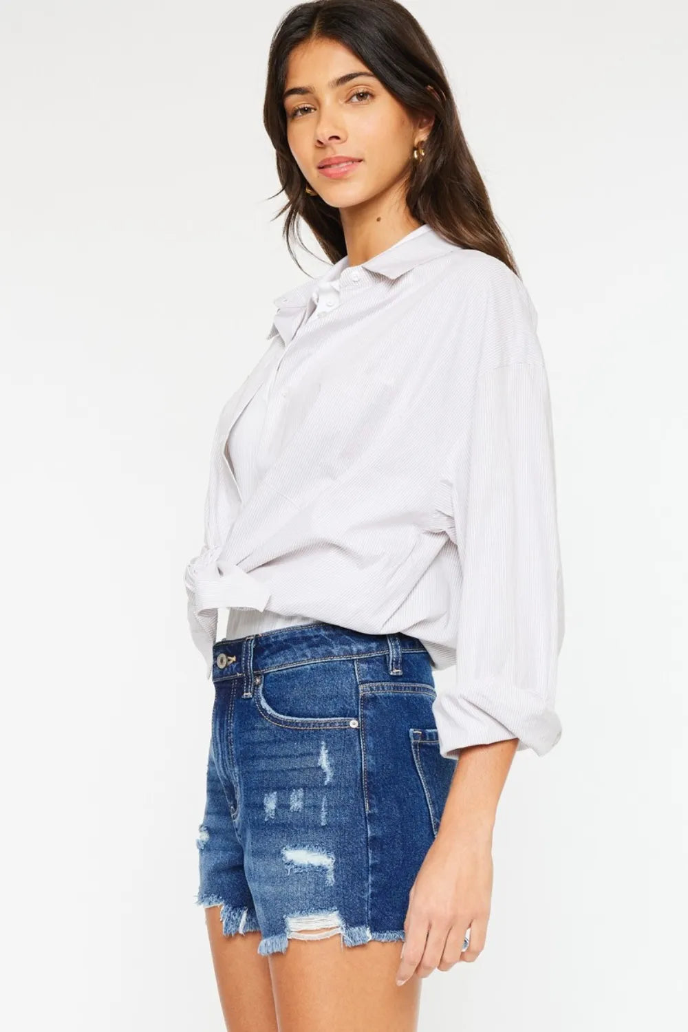 High Rise Frayed Hem Denim Shorts in Dark for Women