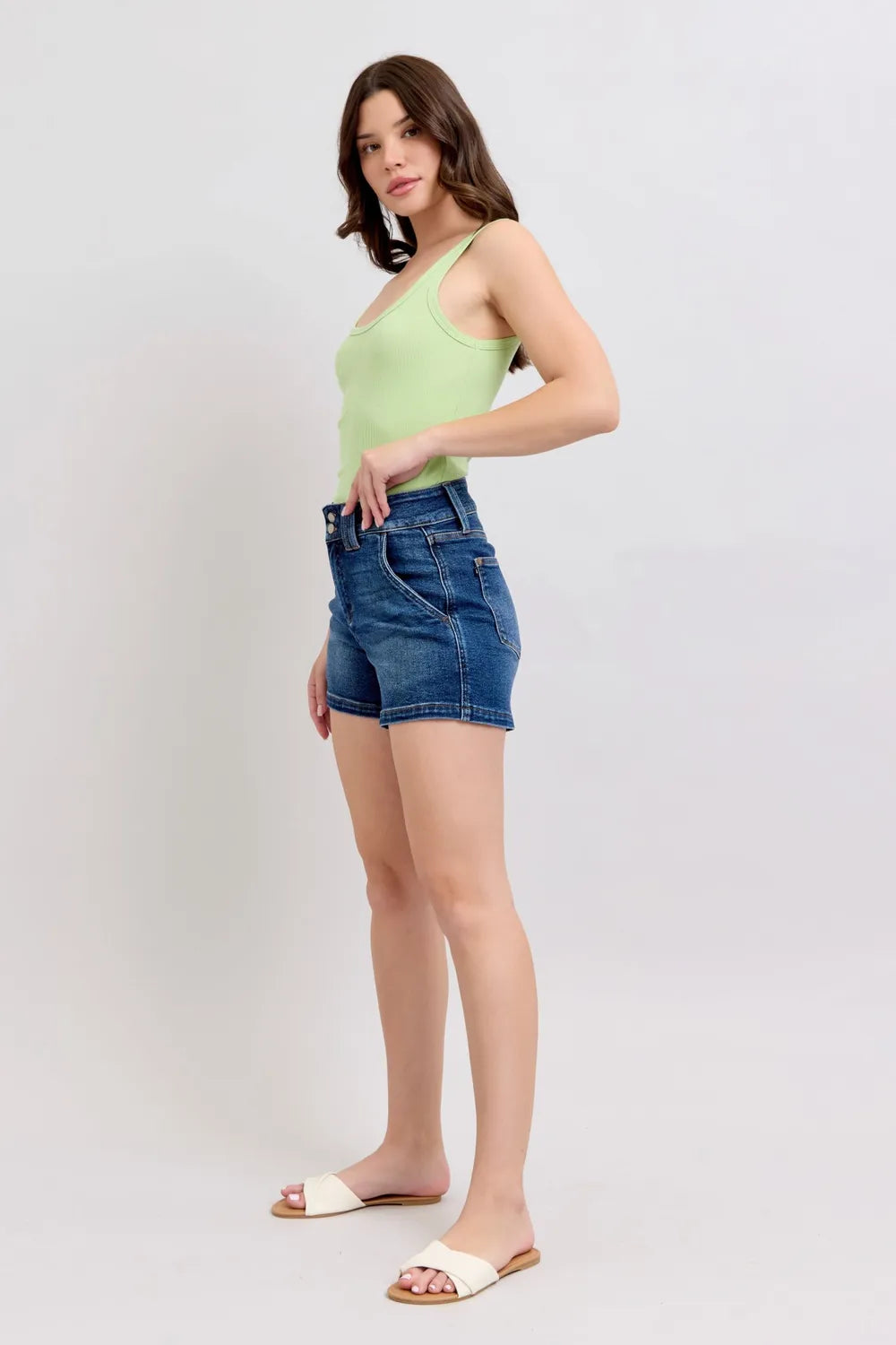 Double Button Waistband Denim Shorts Plus Size in Dark for Women