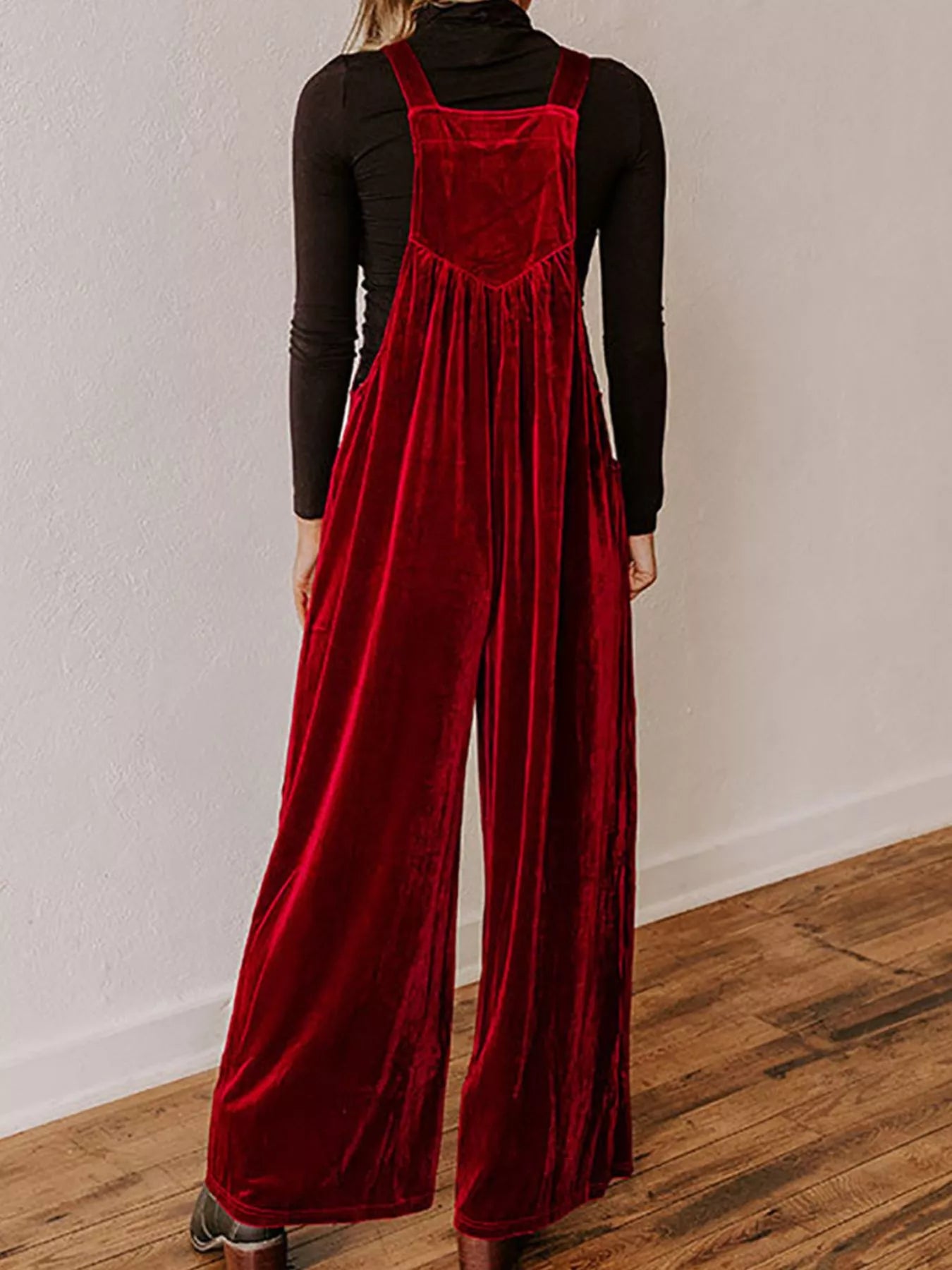 Velvet Wide Leg Overalls in Burgundy for Women