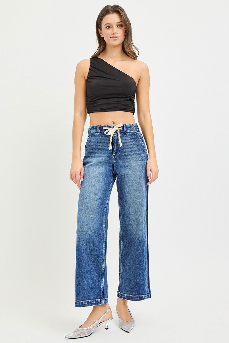 Elastic Band High Rise Cropped Wide Jeans in Medium for Women