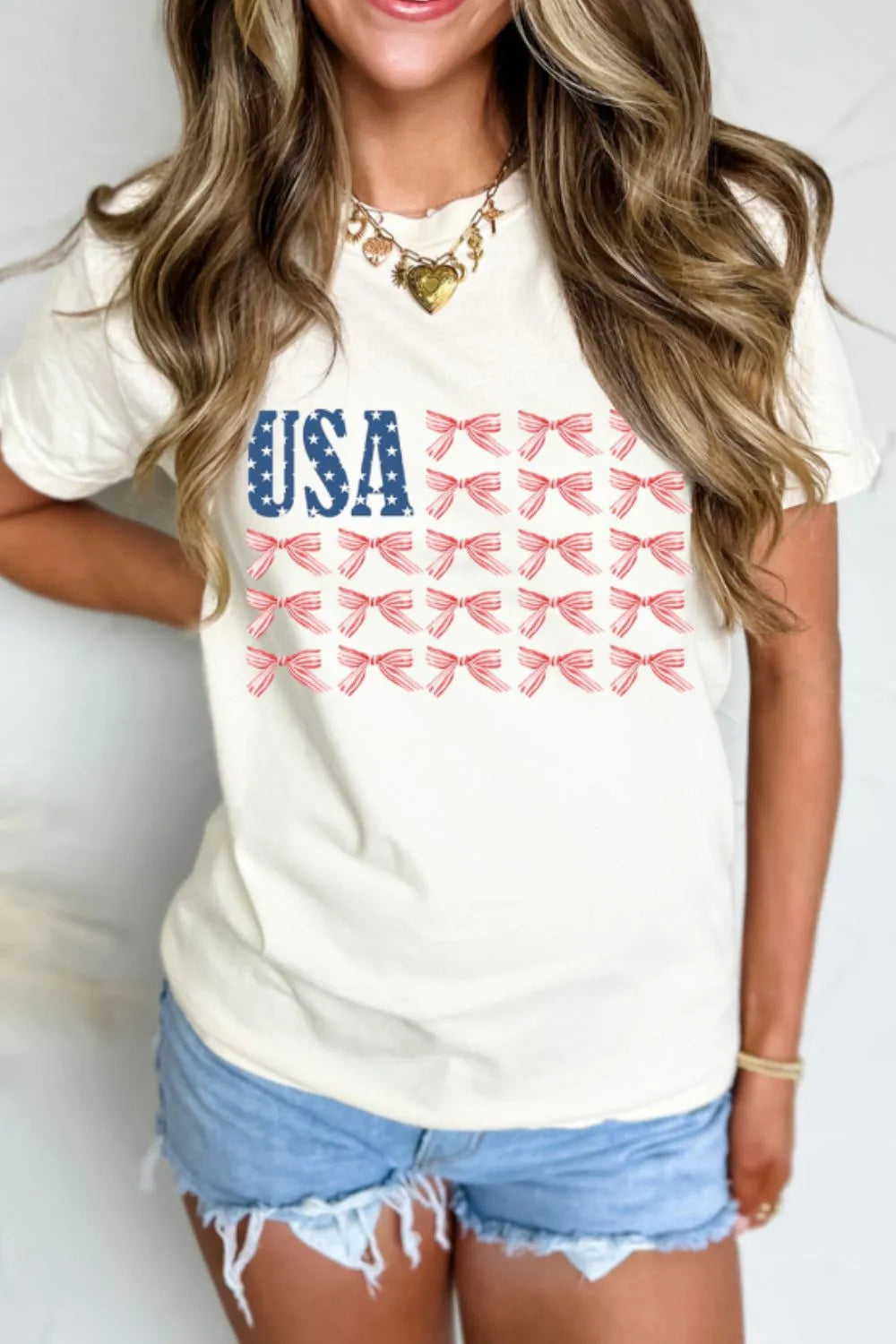 USA Flag Bow Knot Print Round Neck T-Shirt in White for Women