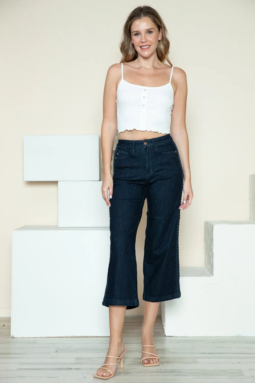 Plus Size Side Seam Braid Detail Crop Wide Leg Jeans in Dark for Women