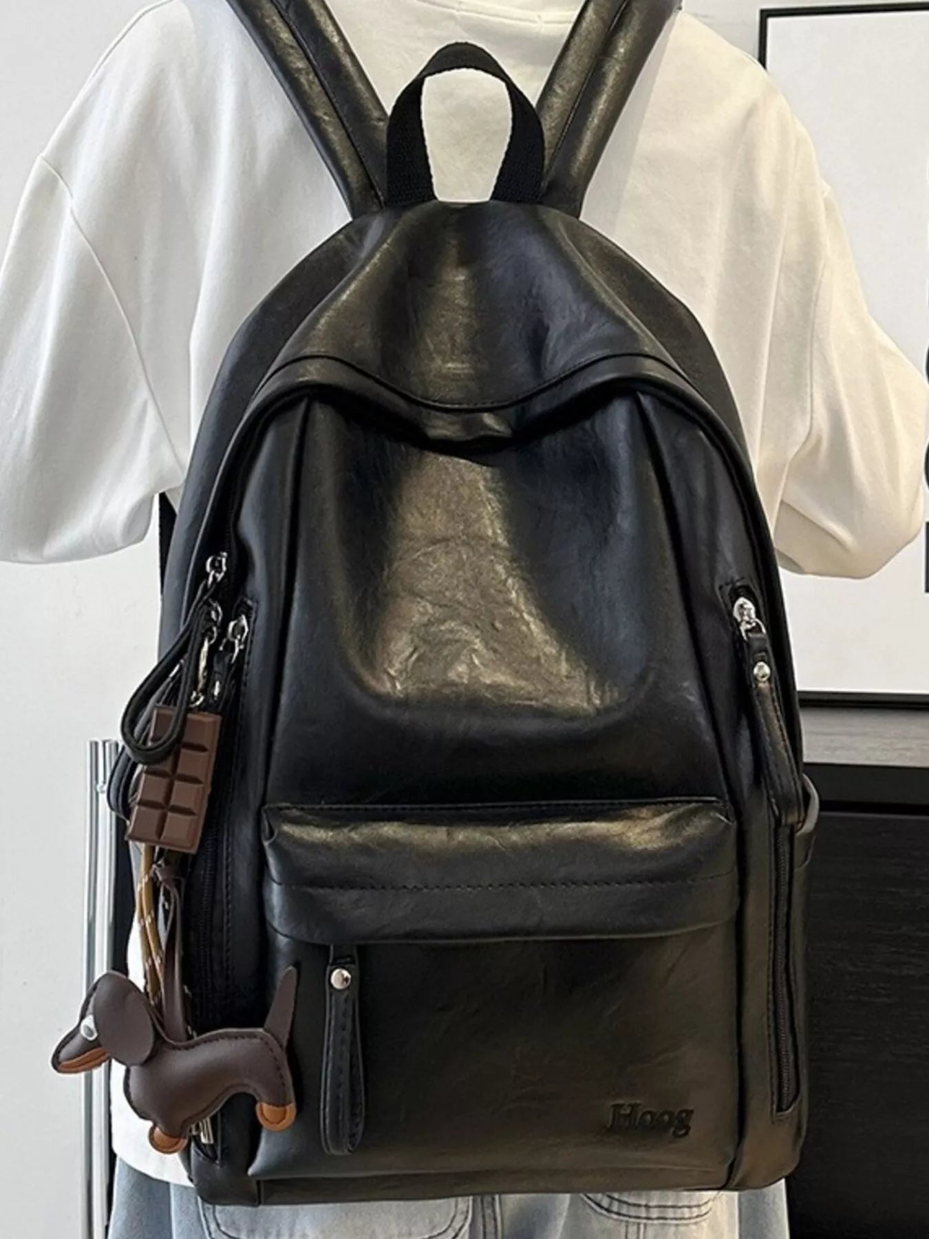 Leather Texture Backpack Bag in Black for Women