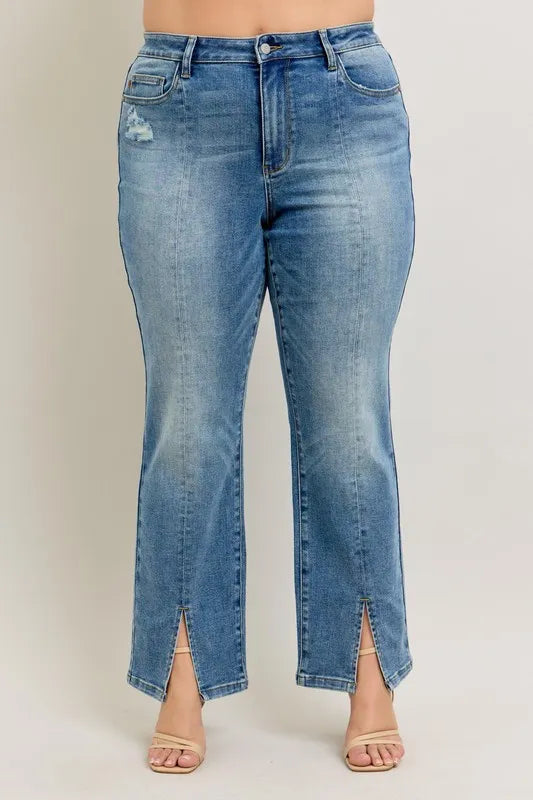 High Waist Vintage Wash Front Seam & Slit Straight Plus Size in Md for Women