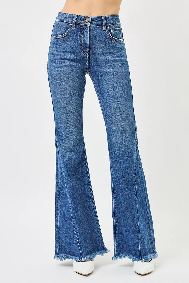 Mid Rise Flare Side Seam Detailing Jeans in Dark for Women