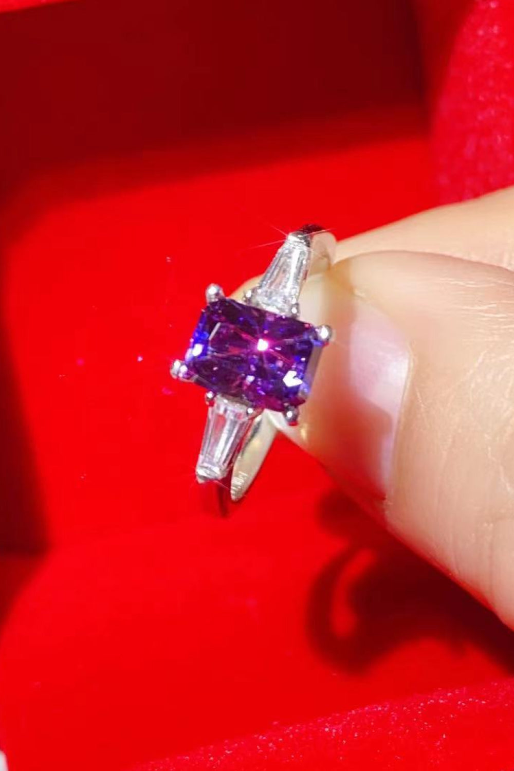 1 Carat Moissanite Platinum-Plated Rectangle Ring in Purple for Women