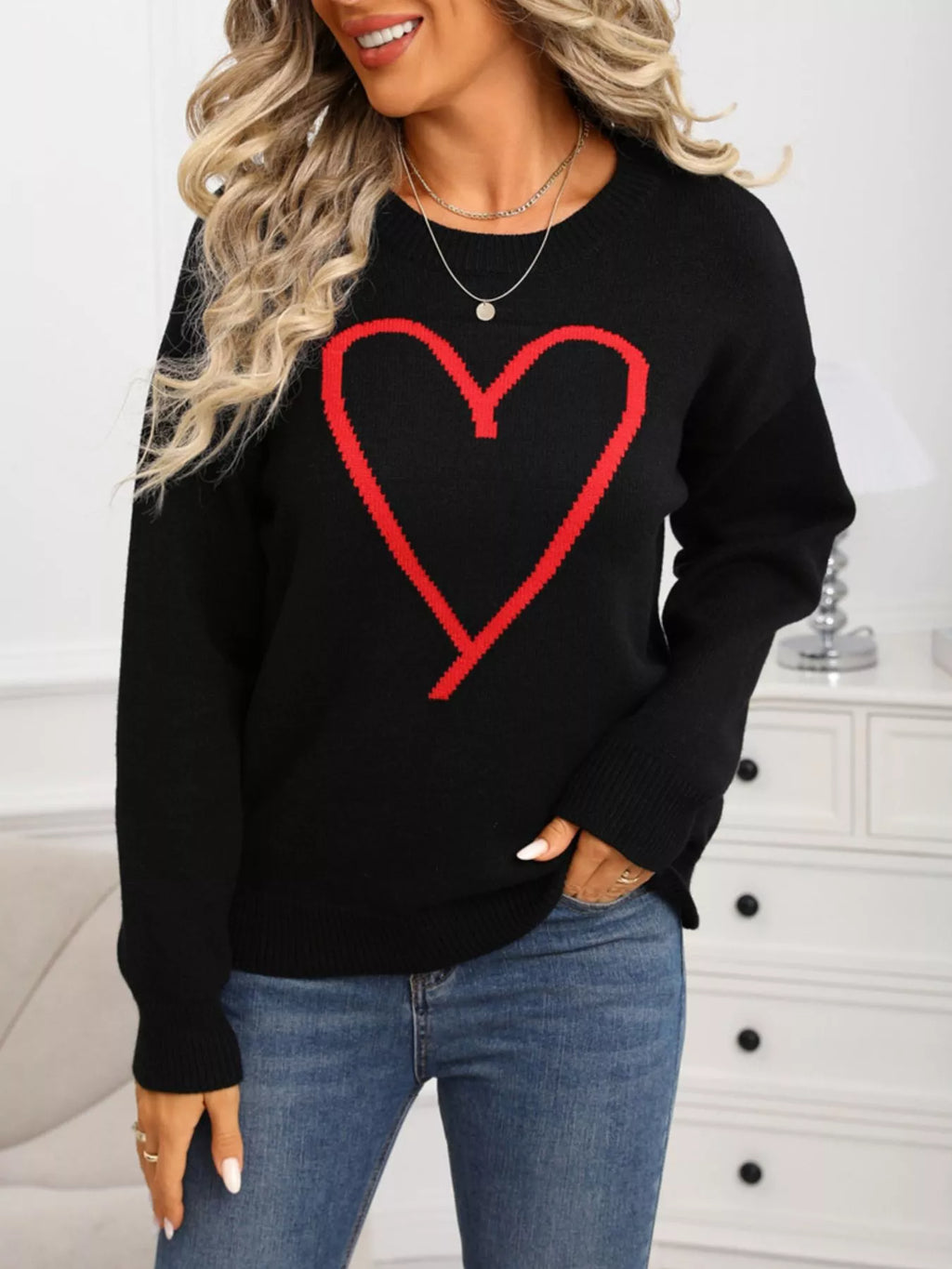 Valentines Day Heart Graphic Dropped Shoulder Sweater in Red for Women