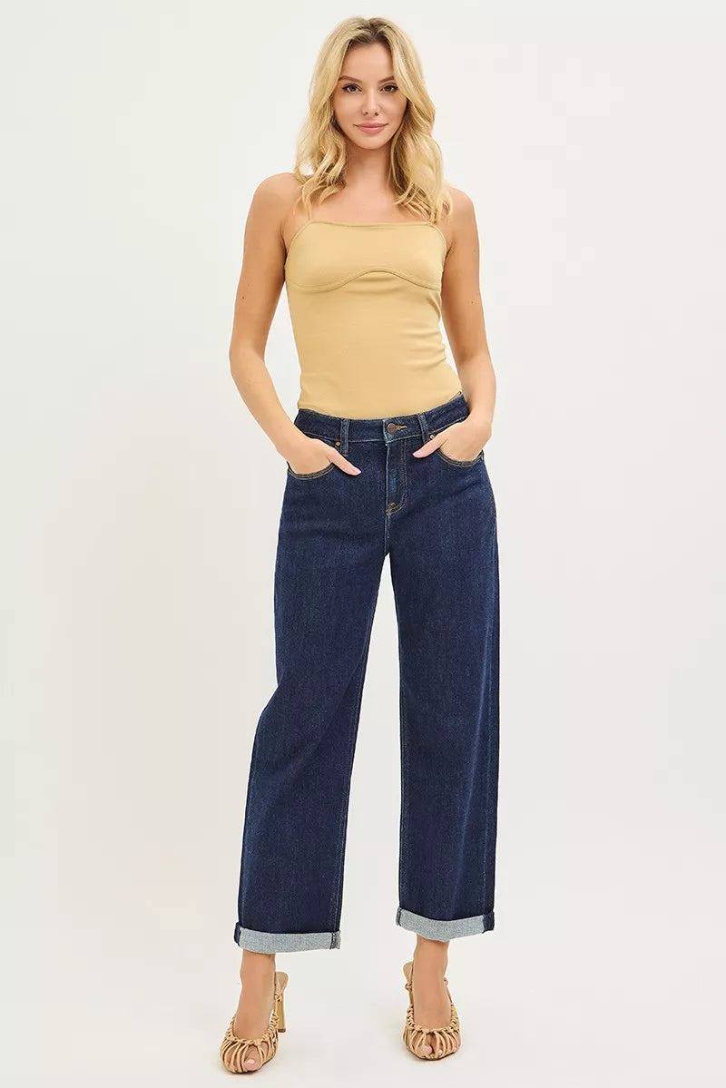 Slouchy Cropped Boyfriend Jeans with Cuffed Hem in Solid Dark for Women