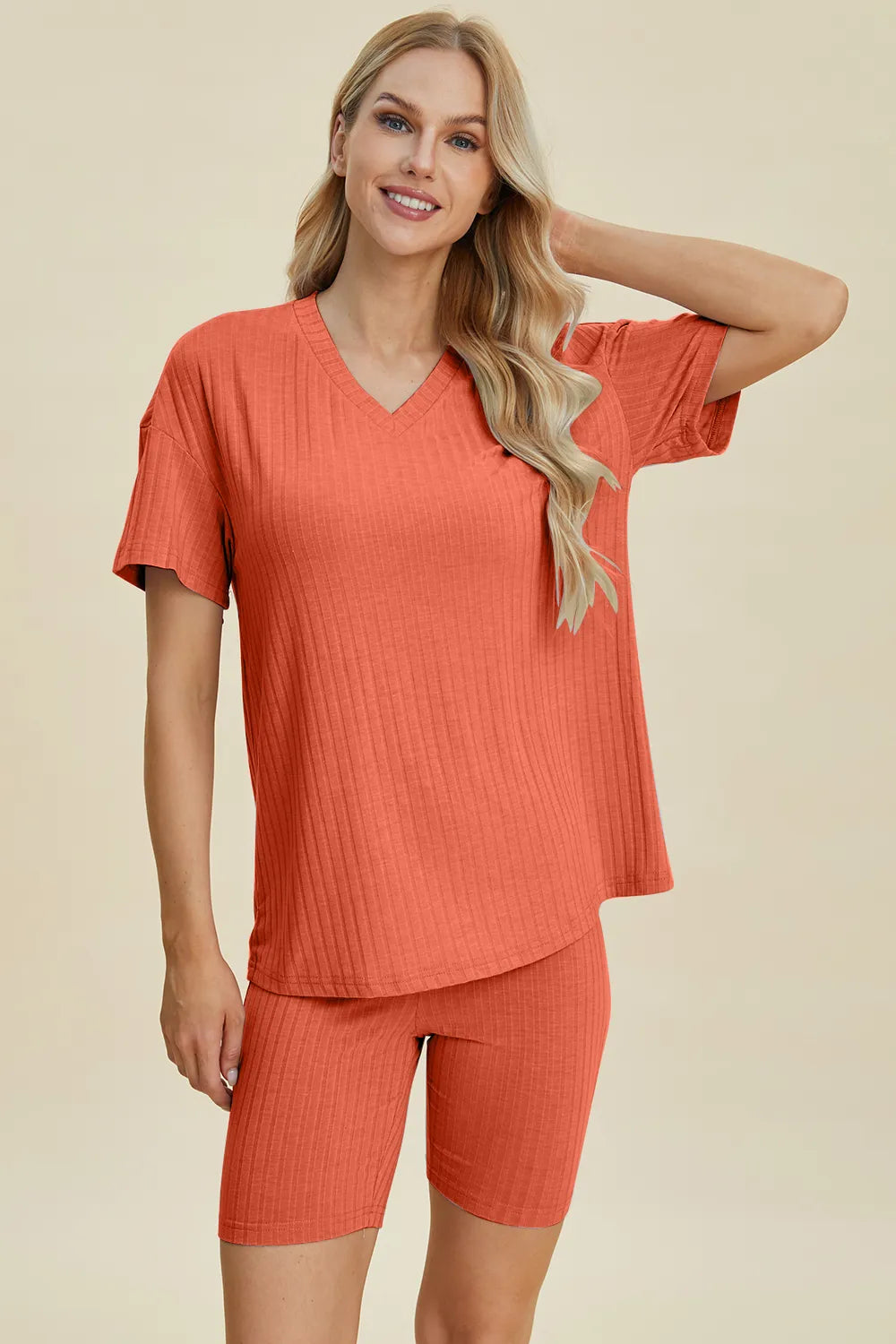 Plus Size Ribbed V-Neck Short Sleeve Top and Shorts Set in Chartreuse for Women