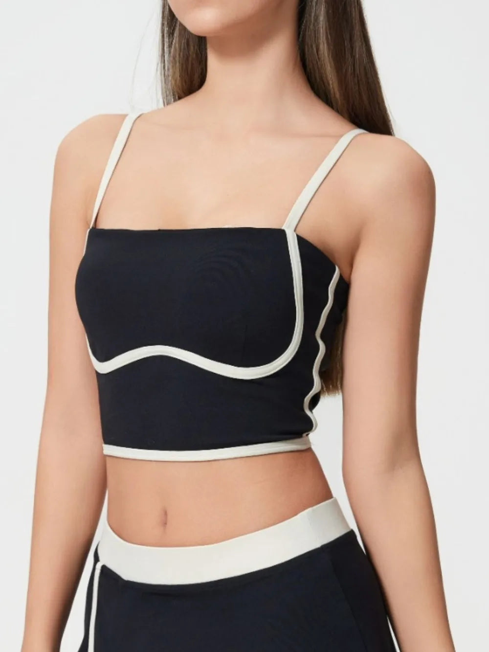 Contrast Trim Square Neck Active Cami with Detachable Chest Pads in Black for Women