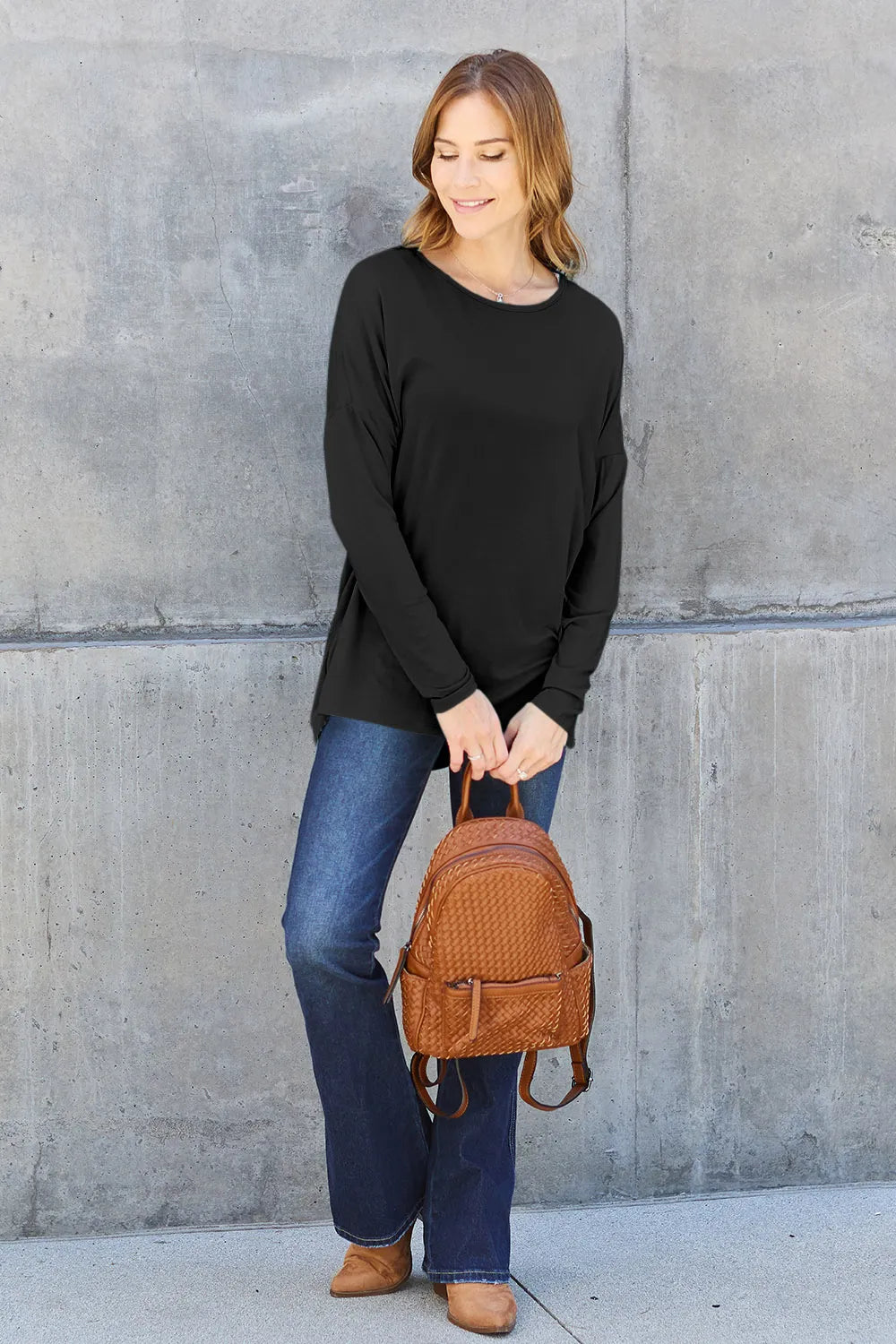 Plus Size Round Neck Dropped Shoulder T-Shirt in Dark Gray for Women