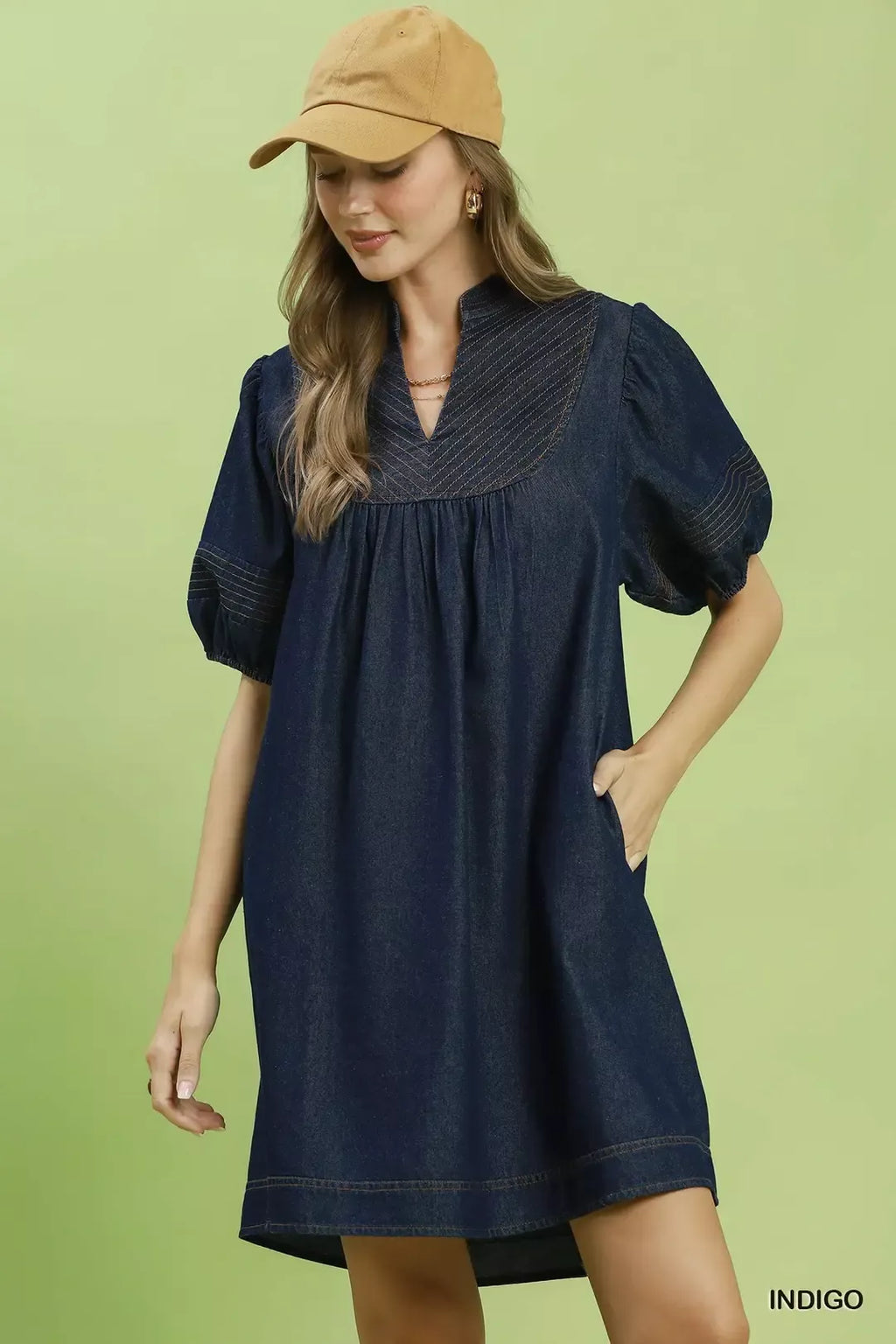 Notched Puff Sleeve Mini Dress with Pockets in Indigo for Women