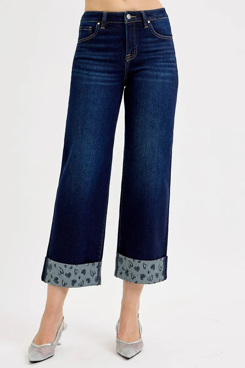 Mid Rise Fit Crop Wide with Printed Cuff Jeans Plus Size in Dark for Women