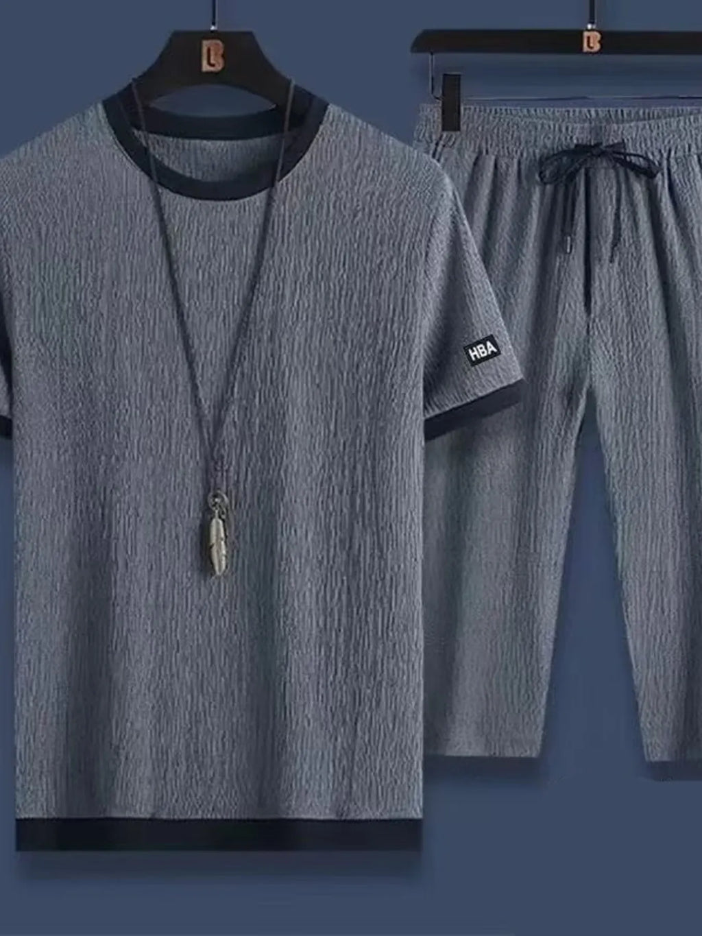 Plus Size Round Neck Short Sleeve Top and Shorts Set in Black for Men