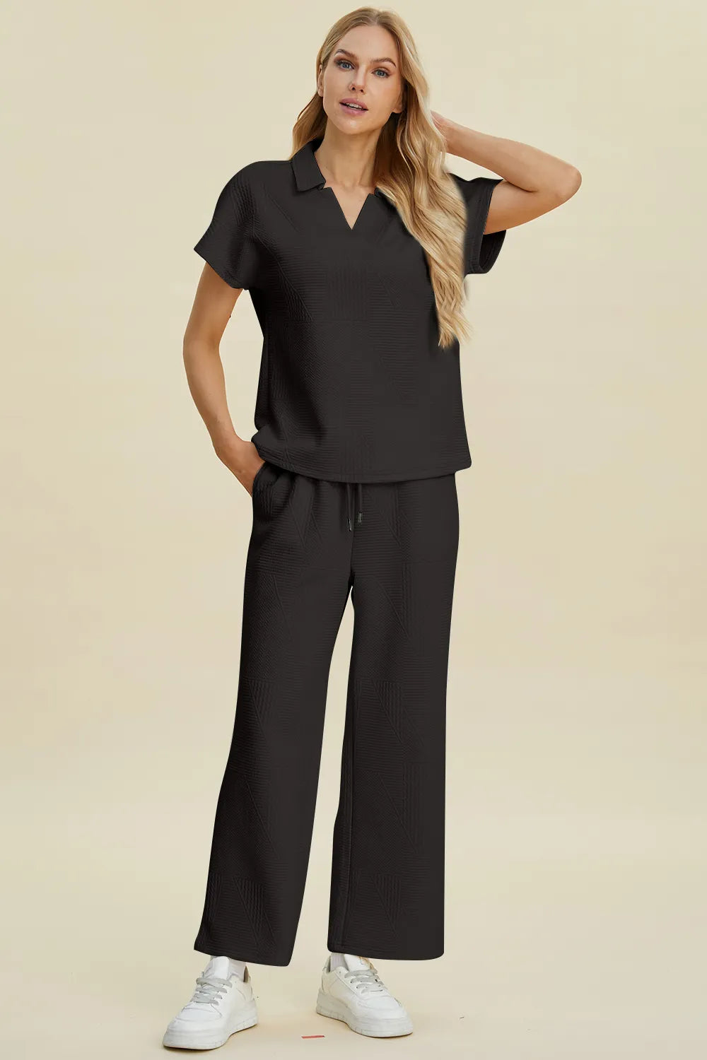 Plus Size Collared Neck Short Sleeve Top and Pants Set in Black for Women