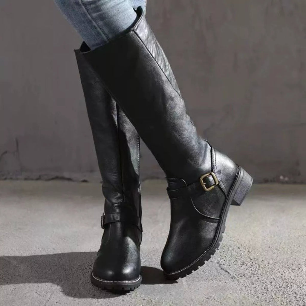 Round Toe Block Heels Boots in Yellow in Dark Brown for Women