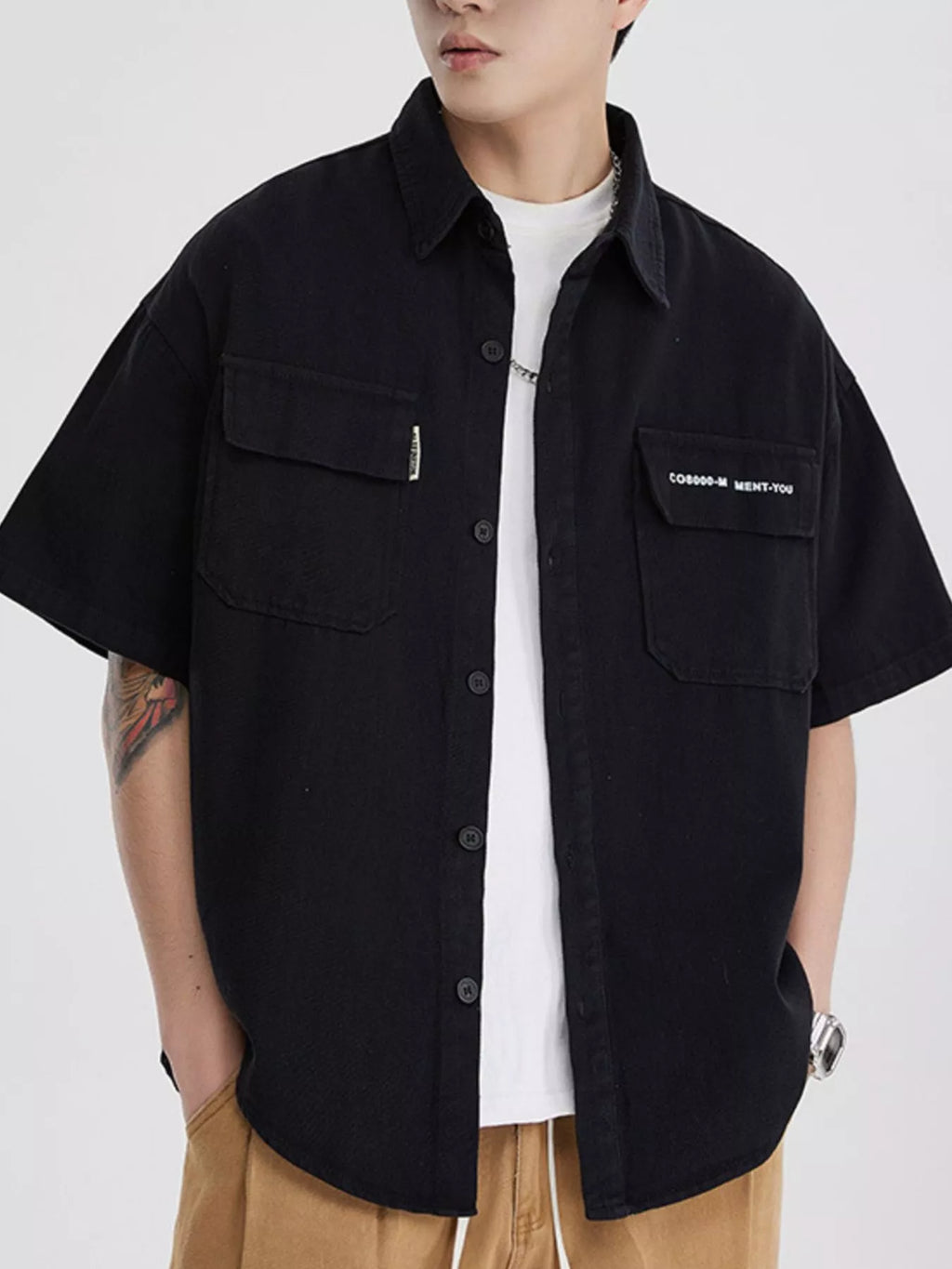 Button Down Oversized Short Sleeve Shirt Plus Size in Army Gray for Men