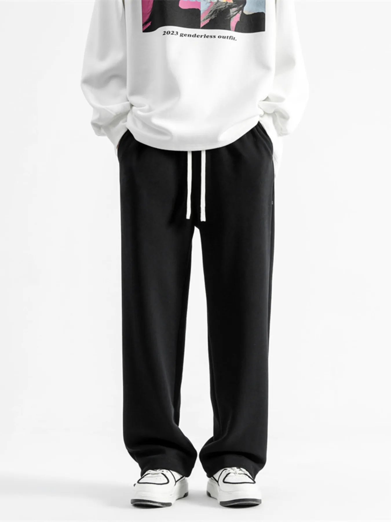 Drawstring Wide Leg Pants Plus Size in Black for Men