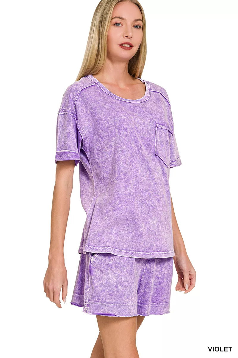 Halo Snow Washed Exposed Seam Top & Shorts Set in Violet for Women