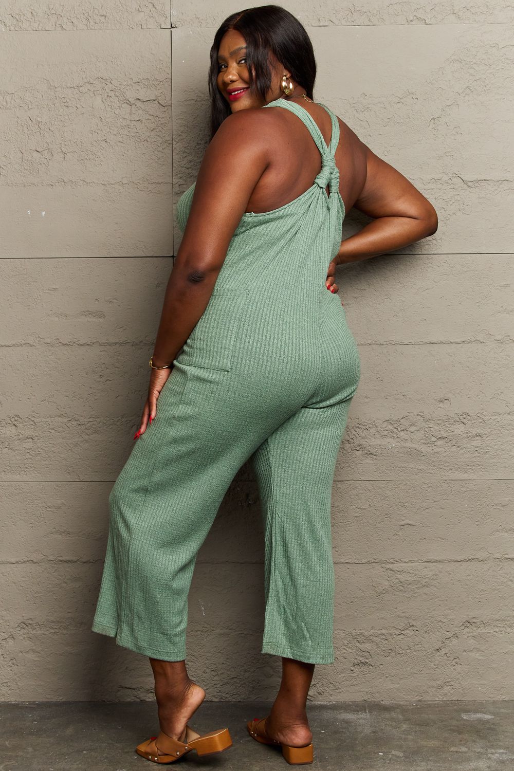 Dont Get It Twisted Plus Size Rib Knit Jumpsuit in Sage for Women