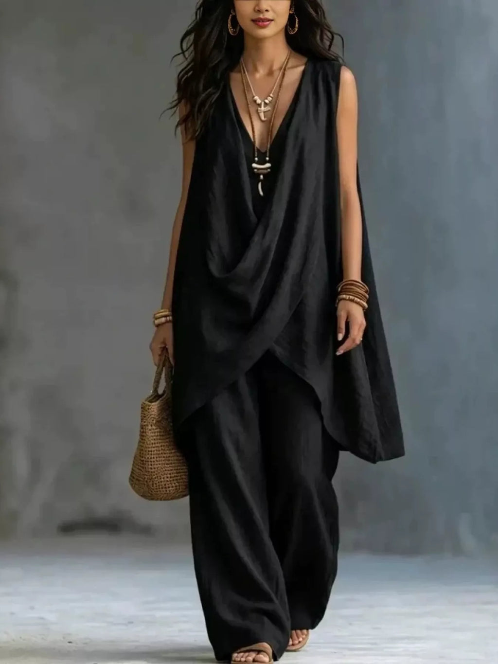 Sleeveless Asymmetrical Top and Wide Leg Pants Set in White for Women