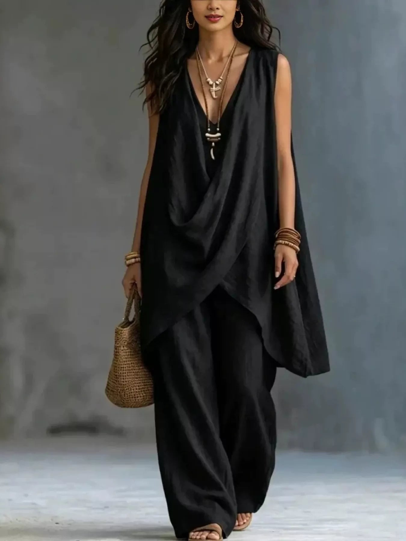 Sleeveless Asymmetrical Top and Wide Leg Pants Set in White for Women