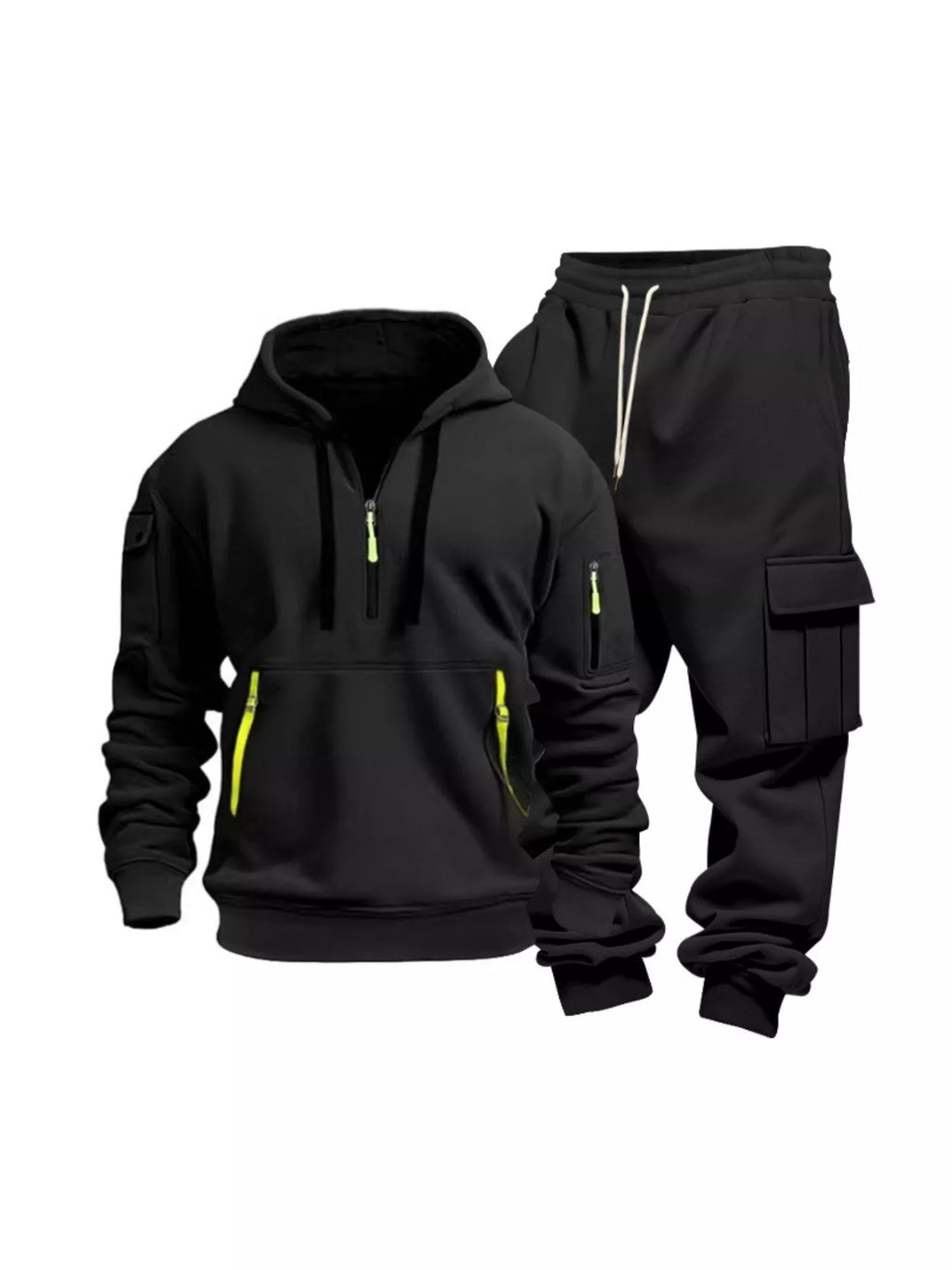 Half Zip Hoodie and Cargo Pants Set Plus Size in Light Gray for Men