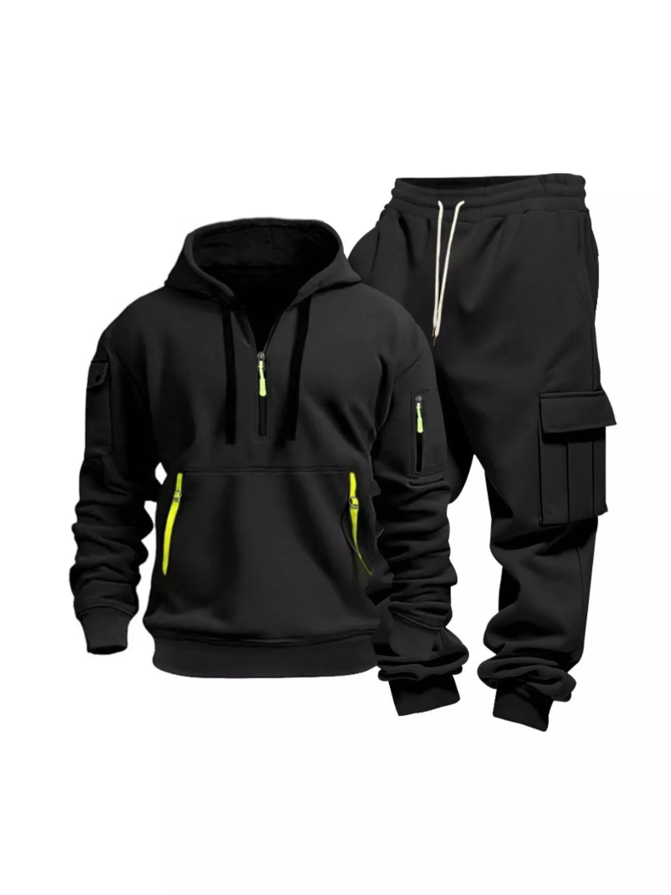 Half Zip Hoodie and Cargo Pants Set Plus Size in Light Gray for Men