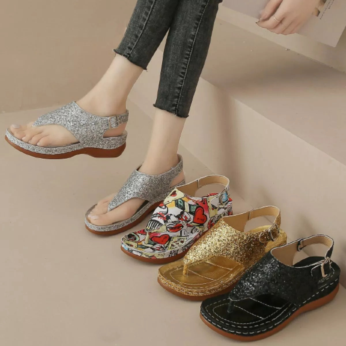 Toe Post Wedge Sandals in Playing Cards for Women