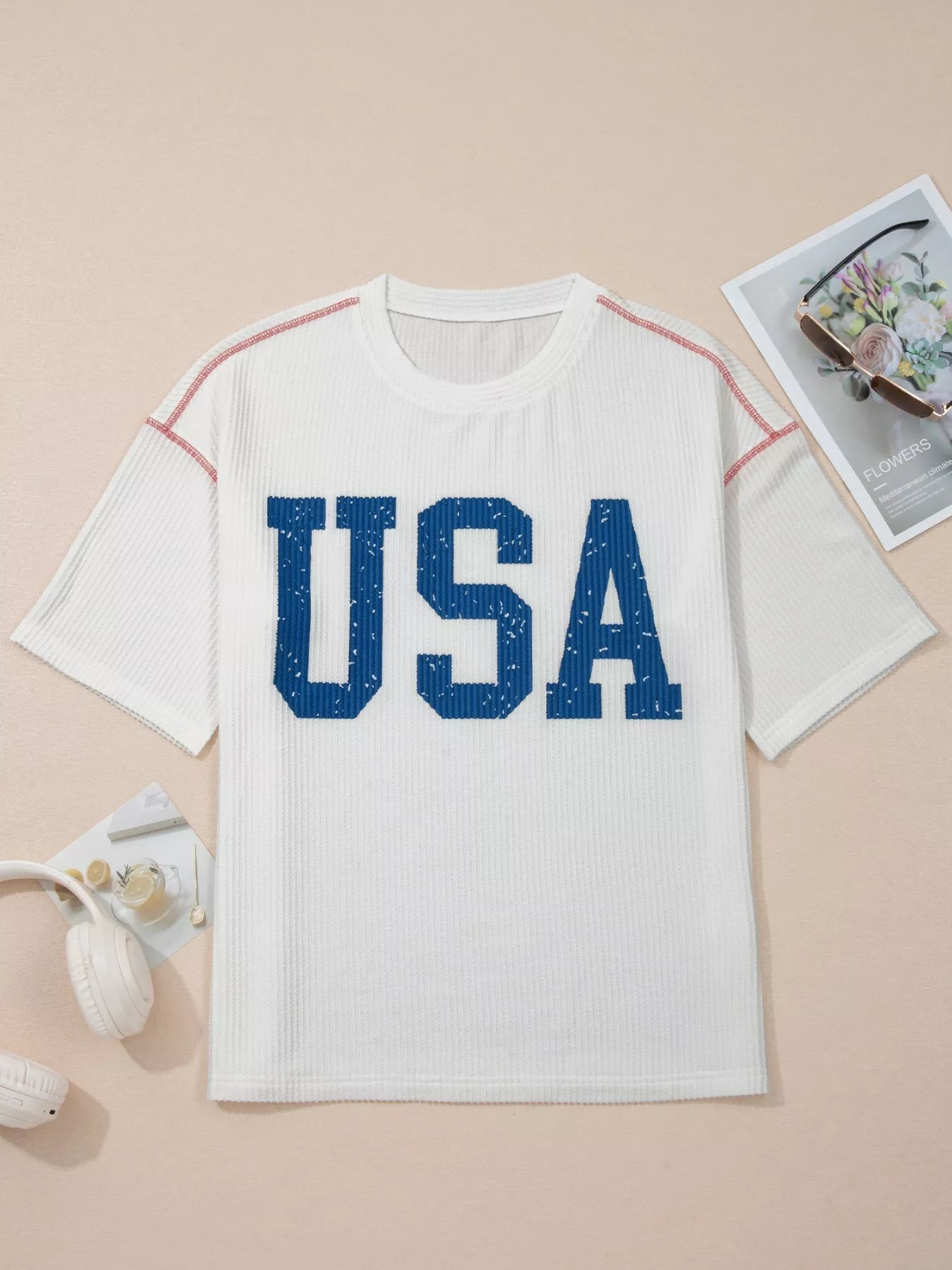 USA Graphic Half Sleeve Loose Ribbed Top in White for Women