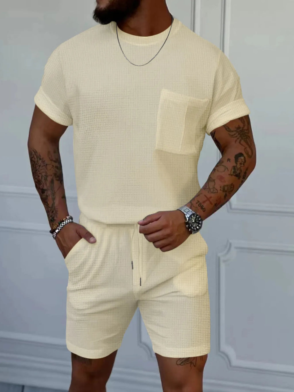 Round Neck Short Sleeve Top and Shorts Set Plus Size in Classic in White for Men