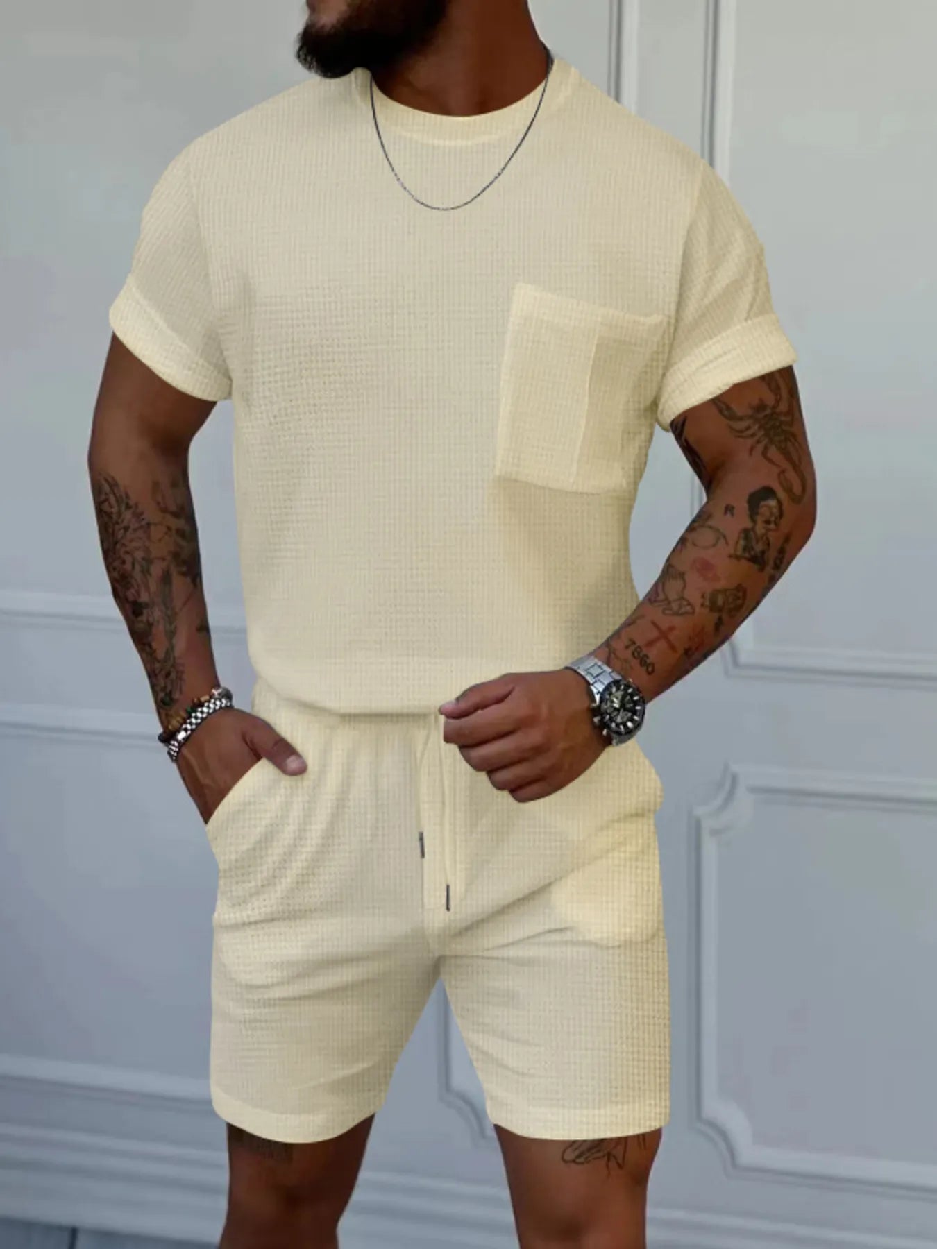 Round Neck Short Sleeve Top and Shorts Set Plus Size in Classic in White for Men