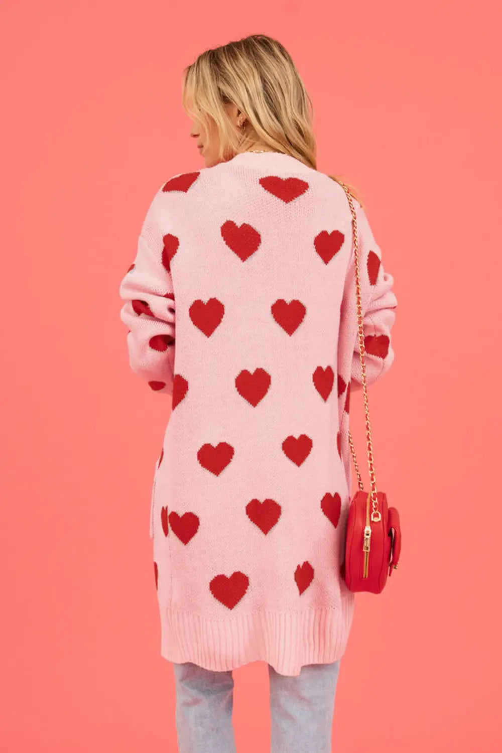 Heart Graphic Open Front Cardigan with Pockets for Women