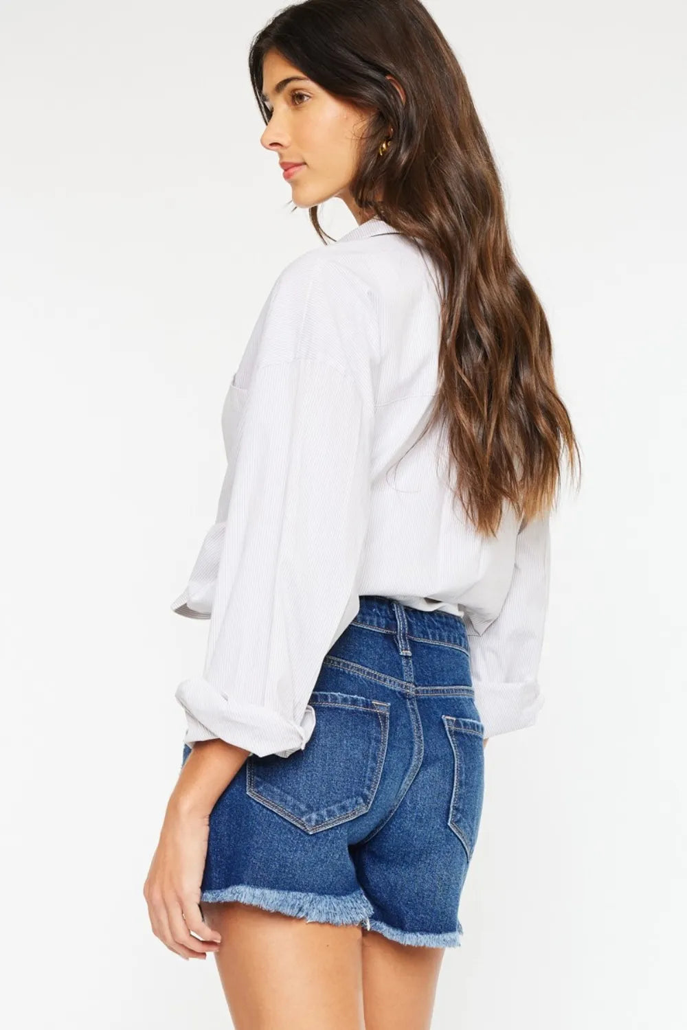 High Rise Frayed Hem Denim Shorts in Dark for Women