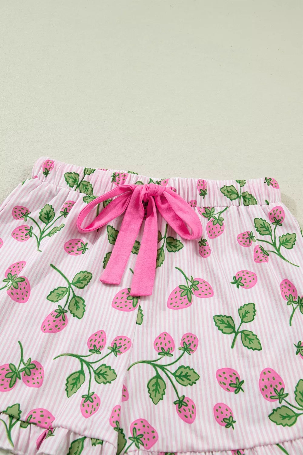 Striped Strawberry Print Lapel Shirt Drawstring Shorts Two-Piece Pajama Set for Women